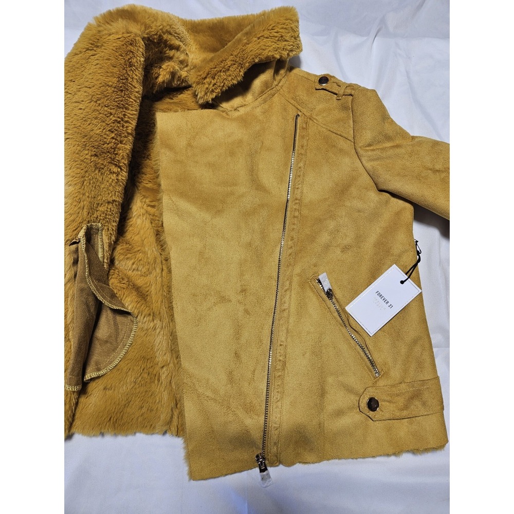 Womans Forever 21 Moto Jacket Size M Medium Yellow Mustard Sherpa Lined - Picture 4 of 9